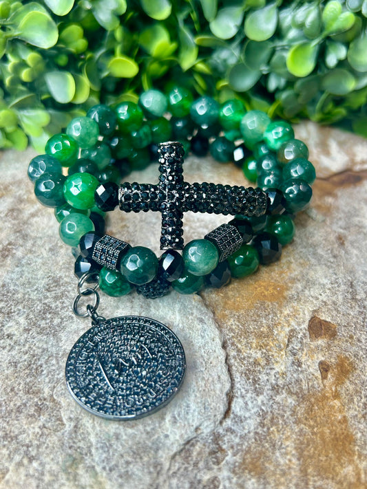 Green Agate and Black Onyx Cross Bracelet Set