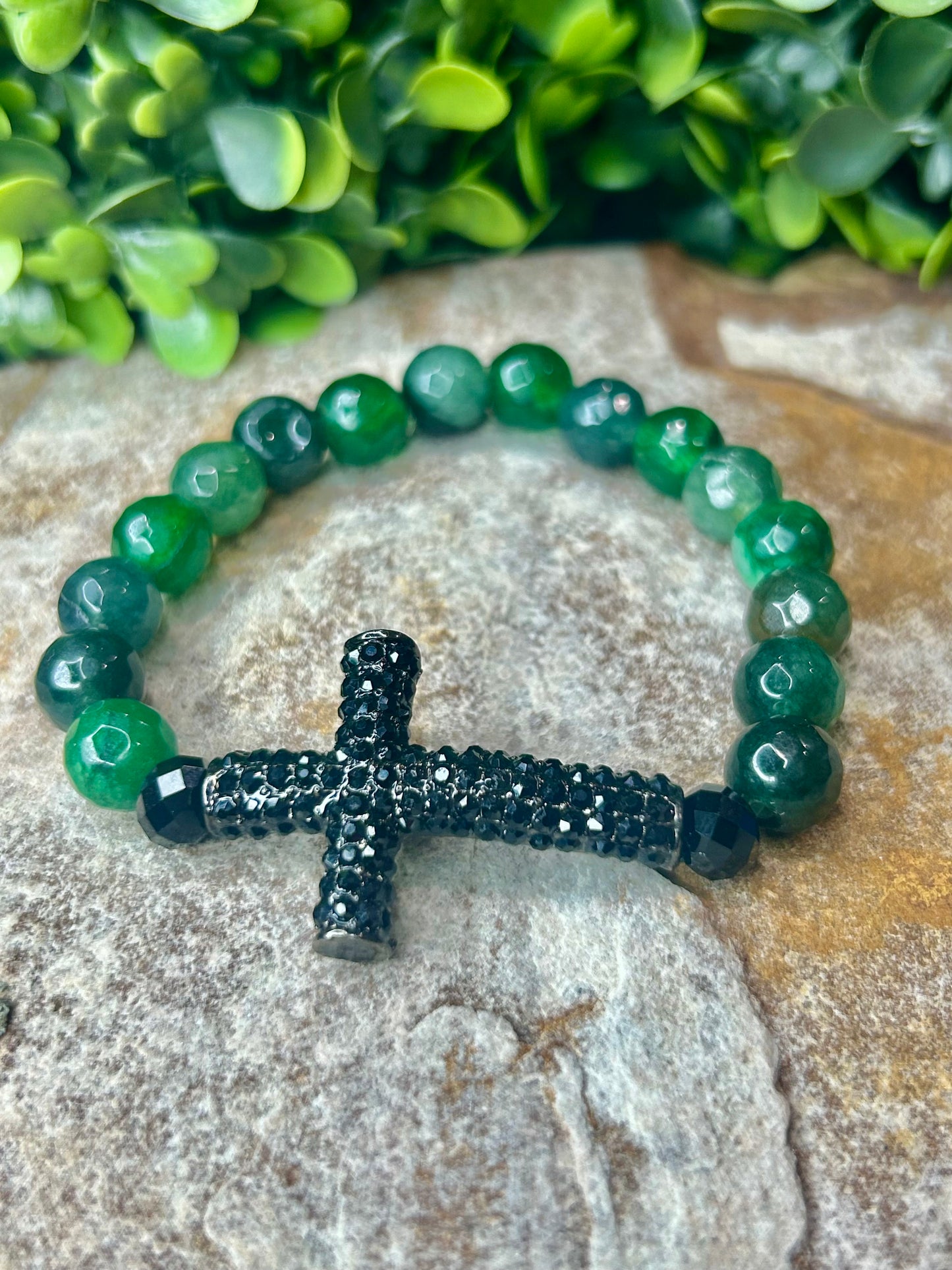 Green Agate and Black Onyx Cross Bracelet Set